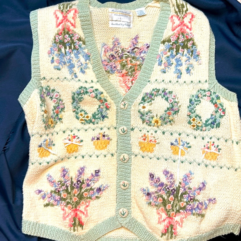 Vintage 90s Hand Knit Floral Cardigan Sweater Vest Marisa Christina